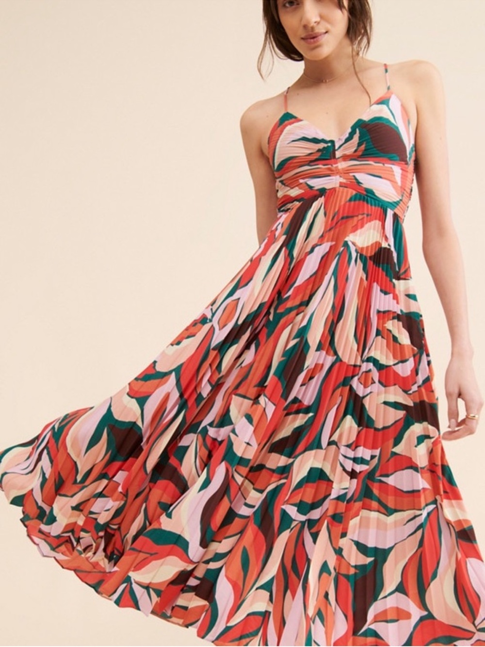 Astr Multicolor Pleated Midi Dress in Coral, Pink & Green